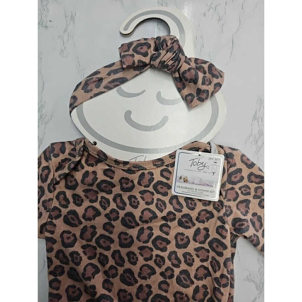 Toby Baby Leopard Newborn Gown and Headband Set NEW